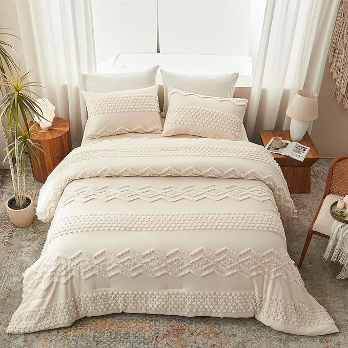 Luxudecor Beige Tufted Comforter Set King Size 3 Pieces Boho Shabby Chic Comforter Farmhouse Embroidery Bed Set Soft Comforter for All Seasons (Beige, 104''x90'')