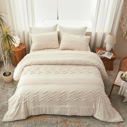 Luxudecor Beige Tufted Comforter Set King Size 3 Pieces Boho Shabby Chic Comforter Farmhouse Embroidery Bed Set Soft Comforter for All Seasons (Beige, 104''x90'')