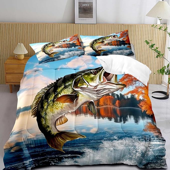LUVIVIHOME 3PCS Fishing Comforter Set Queen Size, Bass Fish Bedding for Kids Teens Boys, Lake Forest Wildlife Animal Country Rustic Farmhouse Hunting Bedroom Decor, Microfiber Quilt, 2 Pillow Shams