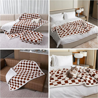 Waterproof Pet Blanket,Dog Bed Covers Couch Sofa Stylish Jacquard Pets Throw Blankets for Puppy Cats Washable Reversible Furniture Protection Covers (Coffee Check,L)