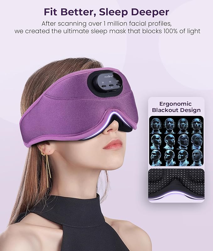 MUSICOZY 3D Bluetooth Sleep Mask with Headphones and Timer, Wireless Sleep Headphones for Side Sleepers, Eye Mask with Bluetooth Headphone, Unique Gifts for Men Women, Purple