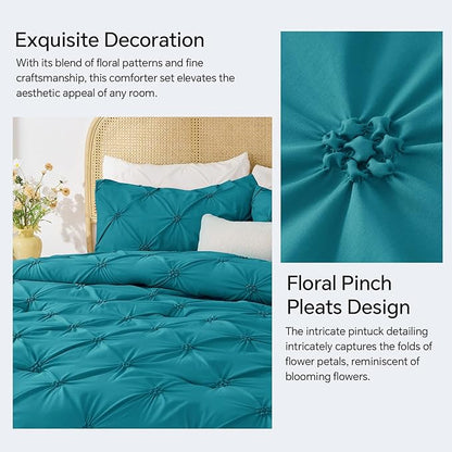 BEDELITE Teal Twin Comforter Set - 2 Peices Boho Pintuck Bedding Comforter Sets, Lightweight Soft & Warm Twin Bedding Sets with 1 Pillowcase for All Season