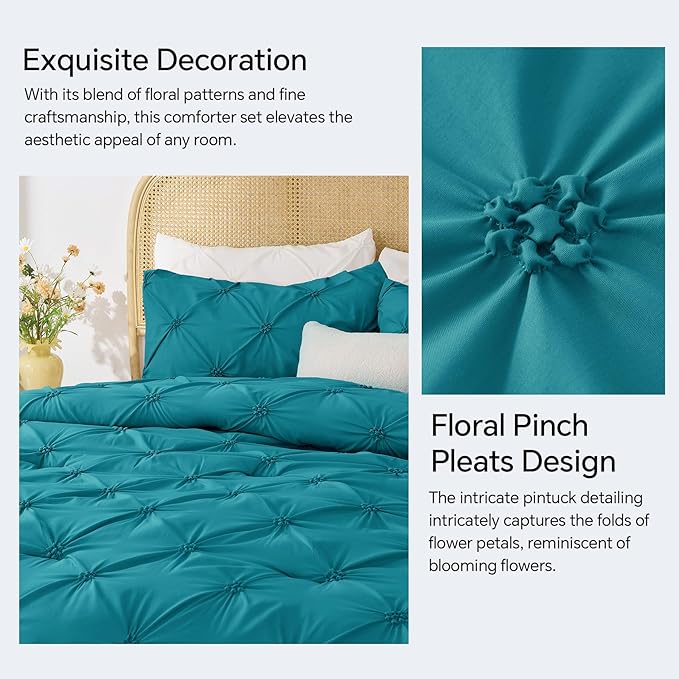 BEDELITE Teal Queen Comforter Set - 3 Pieces Boho Pintuck Bedding Comforter Sets, Lightweight Soft & Warm Bed Comforter Queen with 2 Pillowcases for All Season