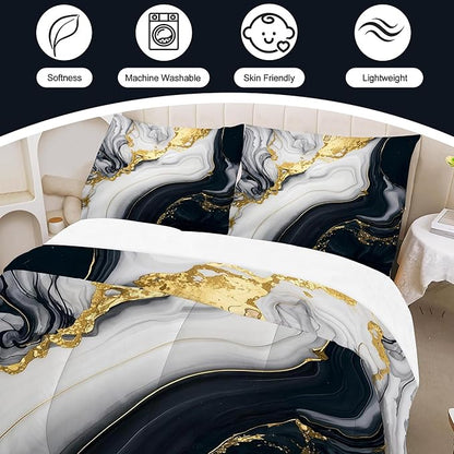 Abstract Marble Bedding Set for Kids Women Men Queen Size 3D Marble Comforter Set Black White Gold Quilt Set for All Age Marbling Quilt Set with 1 Comforter + 2 Pillowcases