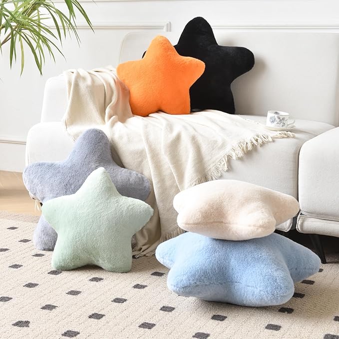 Xiashrk Star Pillow, Decorative Throw Pillows for Bed Couch, 15" Star Shaped Pillow Plush Floor Cushions Room Decor Pillow with Faux Rabbit Fur for Sofa Bedroom Living Room (Orange, 15" x 15")