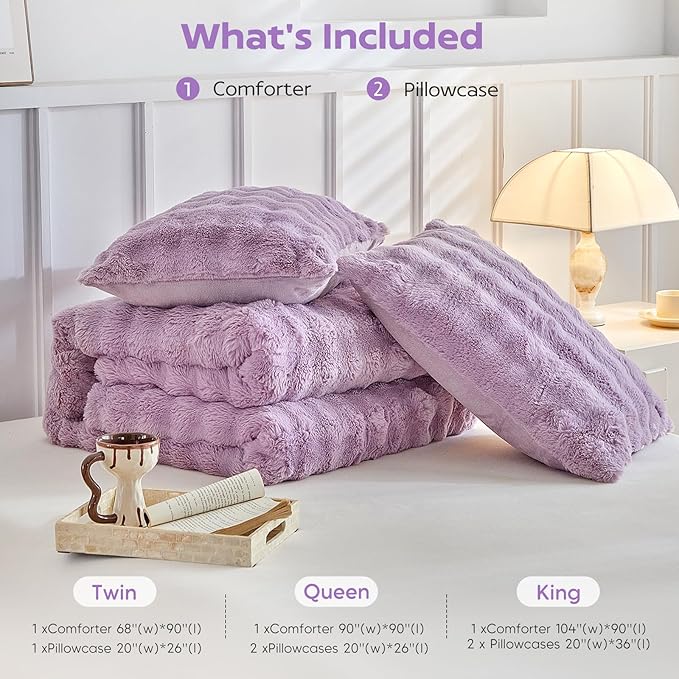 Tokokimo Faux Fur Comforter Set King Size, Ultra Soft Reversible Heavyweight Fluffy Bedding, Extra Warm Winter Comforter with 2 Pillow Cases, All Season Fuzzy Comforter Set, Purple