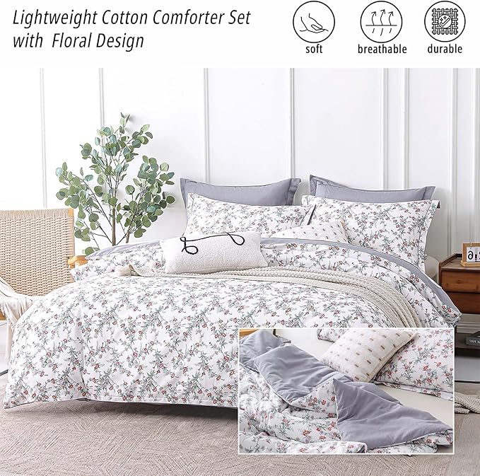White Floral Cotton Comforter King Size - 3PC Lightweight Bedding Sets with Soft Fill, Elegant Pale Purple & Burgundy Botanical Patterns with Light Gray Reversible Design