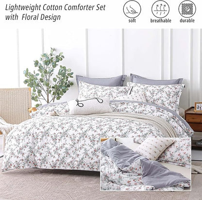 White Floral Cotton Comforter King Size - 3PC Lightweight Bedding Sets with Soft Fill, Elegant Pale Purple & Burgundy Botanical Patterns with Light Gray Reversible Design
