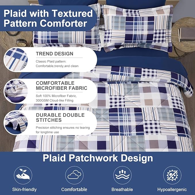 Comforter Set King Size Plaid Patchwork Comforter Bedding-7 Piece Bed in a Bag,Soft Fluffy Reversible Microfiber Bedding Set(1 Comforter,1 Flat Sheet,1 Fitted Sheet,2 Pillowcases,2 Pillow Shams),Navy