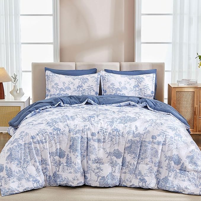 DJY Blue Comforter Set Twin Size,5 Pieces Botanical Comforters with Sheets Elegant Plants Print Soft Microfiber Reversible Complete Bedding Sets for All Season