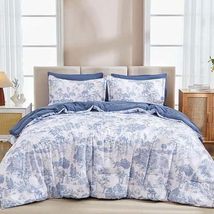DJY Blue Comforter Set Twin Size,5 Pieces Botanical Comforters with Sheets Elegant Plants Print Soft Microfiber Reversible Complete Bedding Sets for All Season