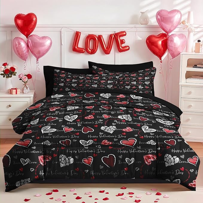 Nesker 7 Pcs Valentine's Day Comforter Set Queen Size, Romantic Heart Love Bedding Set for Kids and Adults, Sweet Kawaii Cartoon Sheets Bed Sheet Sets with Fitted Sheet 2 Pillowcases & 2 Shams