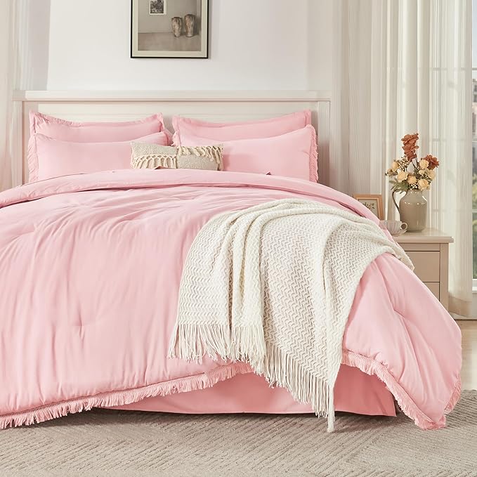 Andency Queen Comforter Set with Sheets Light Pink - 7 Pieces Boho Tassel Bed in a Bag Soft Lightweight Bedding Sets, Fringe Bed Set with Comforter, Sheets, Pillowcases & Shams