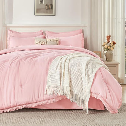 Andency Queen Comforter Set with Sheets Light Pink - 7 Pieces Boho Tassel Bed in a Bag Soft Lightweight Bedding Sets, Fringe Bed Set with Comforter, Sheets, Pillowcases & Shams