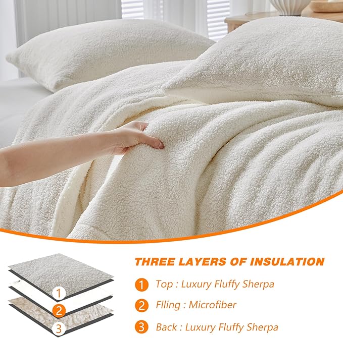 Fluffy Queen Comforter Set - Sherpa Comforter Set Queen Size Winter Use Warm Fleece Luxury 3 Pieces Bedding Comforter with 2 Pillow Shams Microfiber Plush Bed Set- Thanksgiving Choice