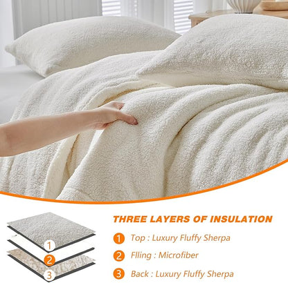 Fluffy King Comforter Set - Sherpa Comforter Set King Size Winter Use Warm Fleece Luxury 3 Pieces Bedding Comforter with 2 Pillow Shams Microfiber Plush Bed Set- Thanksgiving Choice