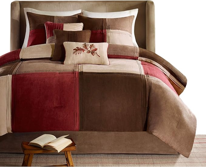 Madison Park Cozy Comforter Set Casual Blocks Design All Season, Matching Bed Skirt, Decorative Pillows, Queen(90"x90"), Red Brown, 7 Piece