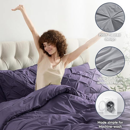 Nestl 7 Piece Comforter Set - King Pinch Pleated Purple, Bed in a Bag, All Season, King Bedding Set with Sheets and Pillowcases