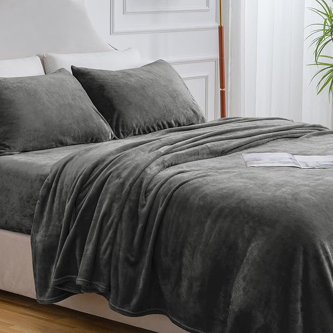 BEDELITE Flannel Sheets King Size Dark Grey - Super Soft Fleece Sheets Set Fluffy Extra Plush, 4 Piece(Include Fitted Sheet, Flat Sheet, 2 Pillowcases)