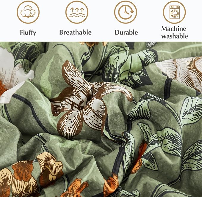 CASAAGUSTO King Size Comforter Set - 7 Pieces Green Floral Bedding Sets, King Bed in a Bag with Botanical Butterfly Comforter, Sheets, Pillowcases & Shams for All Seasons