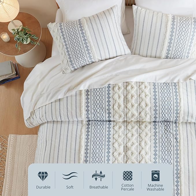 INK+IVY 100% Cotton Duvet Mid Century Modern Design, All Season Comforter Cover Bedding Set, Matching Shams, Full/Queen, Imani Chenille Navy