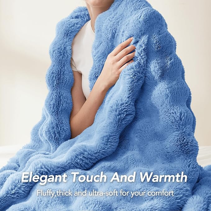 L'AGRATY Faux Fur Throw Blanket: 50" x 60" Luxury Soft Fluffy Rabbit Fur Blankets Twin for Couch Bed Sofa - Cozy Plush Bubble Blankets for Winter: Flannel Fleece Decorative Blanket(Airy Blue)