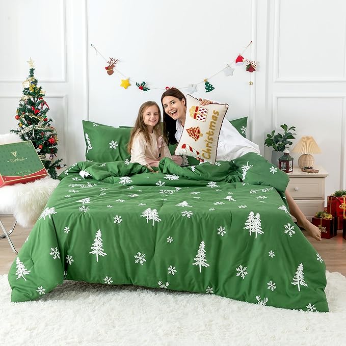 COTTEBED Christmas Tree Comforter Sets Twin/Twin XL Size, Soft Polycotton Reindeer Elks Bedding Down Alternative Comforters for Kids Children Boys Girls Teen College Dorm Signal Bed