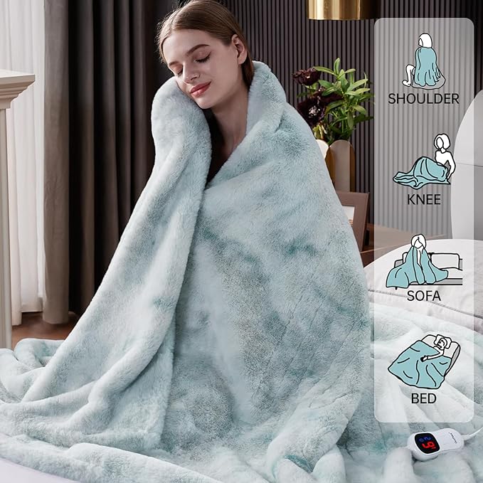Guohaoi Heated Blanket Electric Throw, Soft Faux Rabbit Fur Electric Blanket with 10 Heating Levels 5 Sitting Timer Auto Off, Dual-Controller Heating Blankets, Machine Washable(90"×100" Blue)