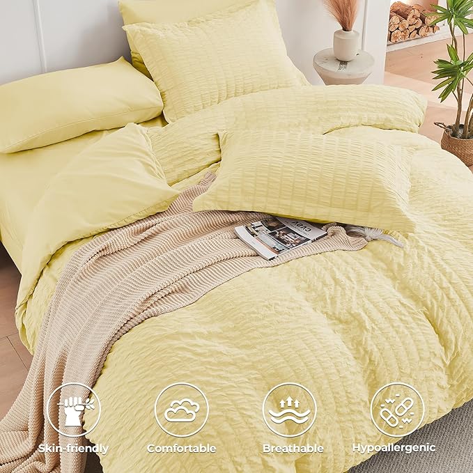 HYMOKEGE Yellow Twin XL Comforter Set Seersucker 5 Pieces, All Season Luxury Bed in a Bag for Bedroom, Bedding Set with Comforter, Sheets, Pillowcase & Sham