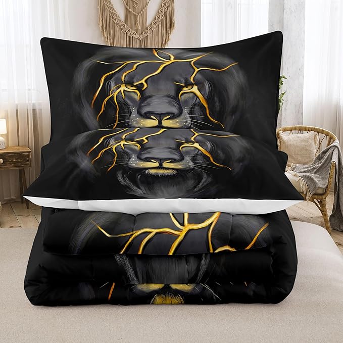 Tailor Shop Lion King Size Bedding Sets with 1 Lion Comforter and 2 Pillowcases - Grey Black Animal Comforter Sets for Kids, Teens, Boys - Decoration for Young Man's Room