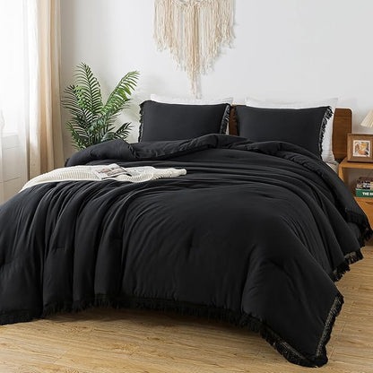 Andency Black Comforter Set California King, 3 Pieces Boho Tassel Lightweight Bedding Comforter Sets, All Season Soft Fluffy Fringe Bed Set (104x96In Comforter & 2 Pillowcases)