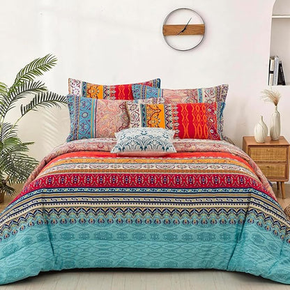 Goodidea Striped Bohemian Comforter Set King Size 3 Pieces Boho Hippie Geometric Bedding Set Soft Breathable Reversible Microfiber Boho Comforter with 2 Pillowcases(20"x36")