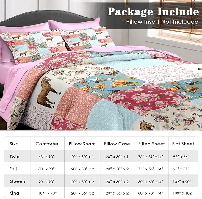 Comforter Set Queen Size, Horse Pink Animal 7 Pcs Bedding for Kids and Adults, Farmhouse Bed Sheet Sets with Fitted Sheet 2 Pillowcases & 2 Shams for Bedroom Bed Decor