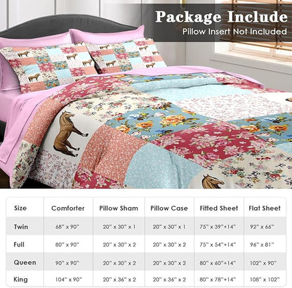 Comforter Set Twin Size, Horse Animal Pink 5 Pcs Bedding for Kids and Adults, Country Farmhouse Bed Sheet Sets with Fitted Sheet Pillowcase & Sham for Bedroom Bed Decor