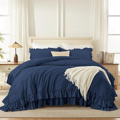 Andency Navy Blue King Comforter Set (104x90Inch), 3 Pieces Ruffle Comforter Set with 2 Pillowcases, Farmhouse Shabby Chic Lightweight Fluffy Soft Microfiber All Season Bed Set