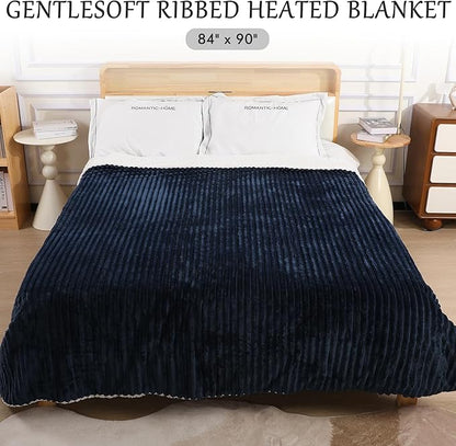 Electric Blanket Heated Queen Blanket, Super Soft Flannel & Sherpa Electric Queen Blanket with 6 Fast Heating Levels, 10 Hours Auto Off & OverHeat Protection, Machine Washable, 84'' X 90'', Navy Blue