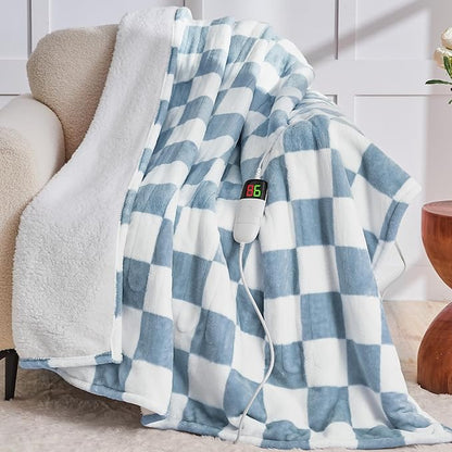 Heated Electric Blanket Throw, 50X60 Heating Blanket with 10 Heat Levels & 8 Hours Auto Off for Lap, Misty Blue Checkered Plaid Soft Sherpa Blankets Warmer Gifts for Couch Grandma Women Adults