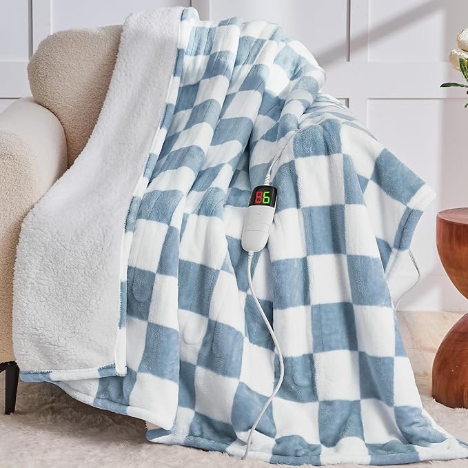 Heated Electric Blanket Twin Size, 62X84 Heating Blanket with 10 Heat Level & 8 Hours Auto Off, Misty Blue Checkered Plaid Soft Fleece Sherpa Blankets Warmer Gifts for Couch Grandma Women Adults