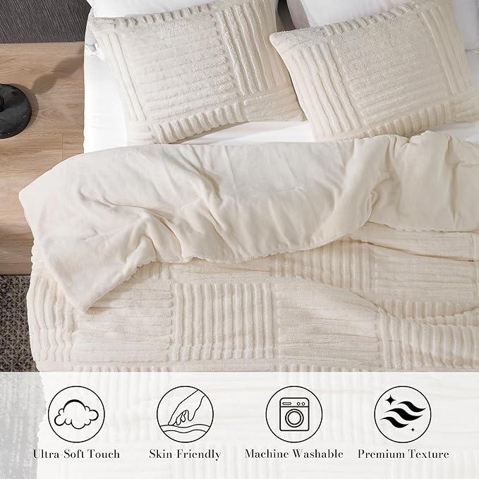 Amélie Home Queen Comforter Set, Beige Fleece Bedding Set with Stripe Jacquard, Soft Fluffy Bedding Set for Winter, 3 Pieces, 1 Warm Comforter and 2 Pillowcases