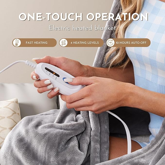 Electric Heated Blanket 72"x84" Full Size Flannel Heated Blanket, Cozy & Warm for All Night, 4 Heat Settings & 10 Hours Auto Off, Machine Washable,Light Grey