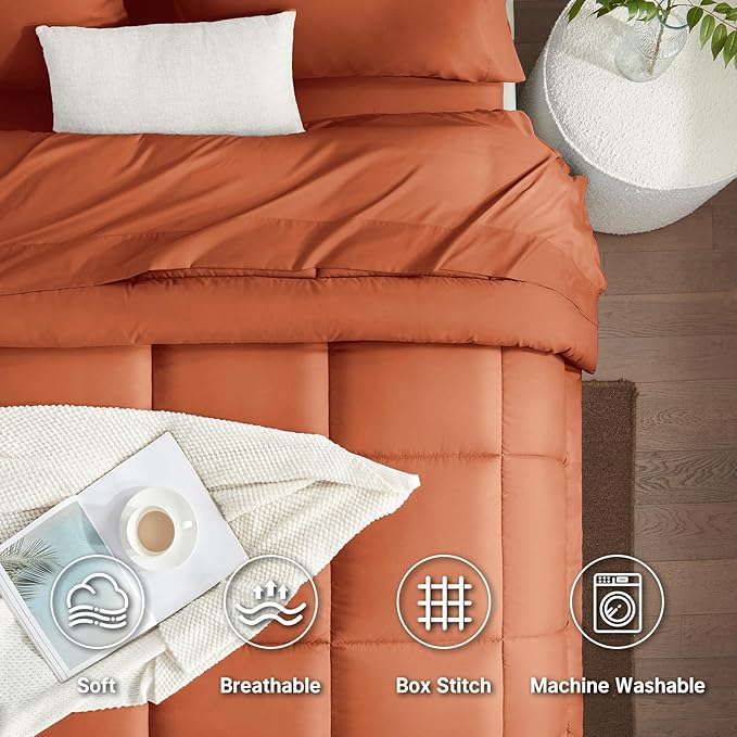 SunStyle Home Burnt Orange Full/Queen Comforter Set - 7 Pieces Bed in a Bag, Lightweight Goose Down Alternative Bedding Sets with All Season Comforter, 1 Flat Sheet, 1 Fitted Sheet, 4 Pillowcases