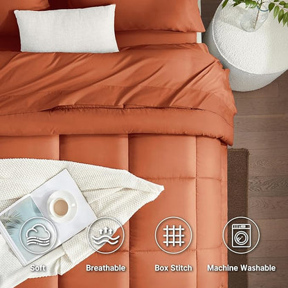 SunStyle Home Burnt Orange Full/Queen Comforter Set - 7 Pieces Bed in a Bag, Lightweight Goose Down Alternative Bedding Sets with All Season Comforter, 1 Flat Sheet, 1 Fitted Sheet, 4 Pillowcases
