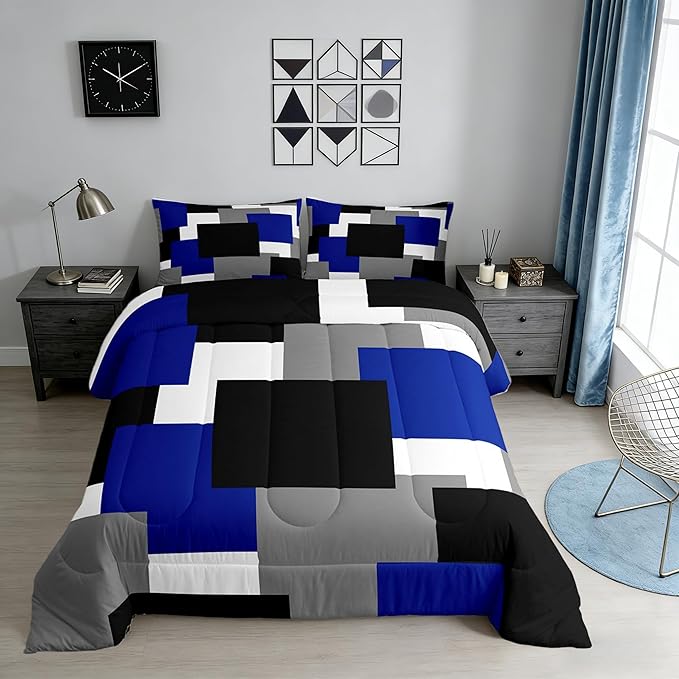 Castle Fairy Blue Grey Black Bed Comforter Set Queen Size,Modern Abstract Art Super Soft Microfiber Bedding Set for Adults Men,Geometric Grid Square Splicing Decorative Comforter Set,3 Pcs