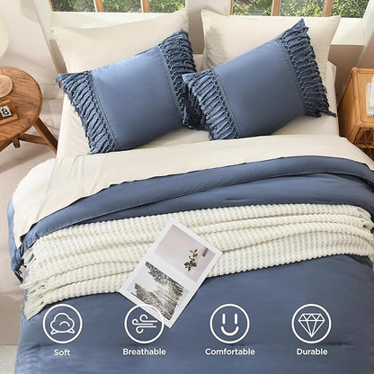 Andency Bluish Grey Comforter Set California King, 3 Pieces Boho Cal King Tassel Lightweight Soft Bedding Comforter Sets, Oversized Bed Set (104x96In Comforter & 2 Pillowcases)