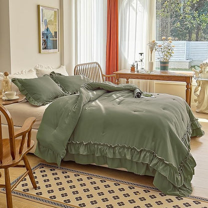AIKASY Sea Green Comforters Twin Size Set, Vintage Boho Chic Farmhouse Bedding Sets Shabby Ruffle Queen Bed Comforter Bedding 3PCS（1 Comforter and 2 Pillowcases）