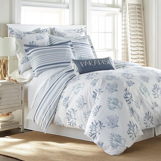 Levtex Home - Truro Duvet Cover Set - King/Cal King Duvet Cover + Two King Pillow Cases - Watercolor Coral - Blue and White - Duvet Cover (106 x 94in.) and Pillow Case (36 x 20in.) - Cotton