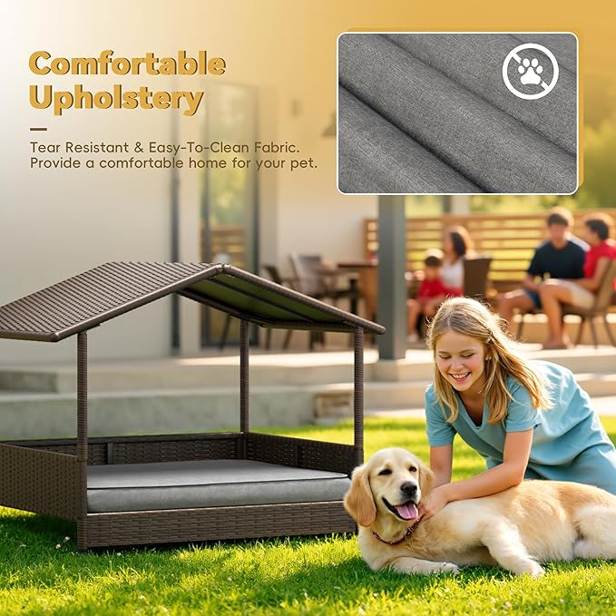 Greesum Wicker Dog House for Small/Medium Dogs, Outdoor Indoor Elevated Dog Shelter Dog Bed with Cushion, for Deck, Patio, Yard, Pool, Black House