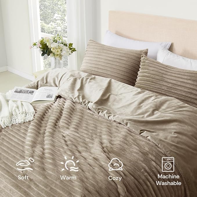 Geniospin Fleece Twin Comforter Set, Soft Fuzzy Twin Bedding Sets, 2-Pieces Taupe Comforter Set for All Season, Warm Fluffy Comforter with 1 Pillow Case