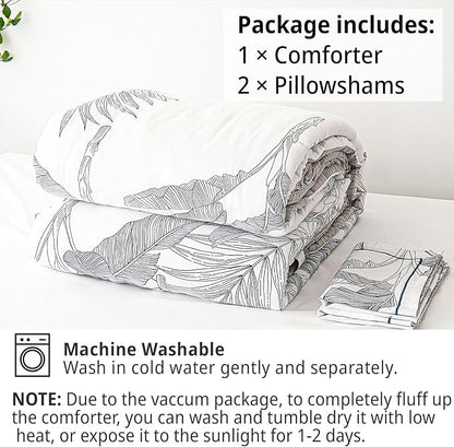 Botanical Cotton Comforter Queen Size - White Comforter with Delicate Black Leaves Patterns,Grey Reversible Lightweight Bedding Sets 3Pcs(Stripes)