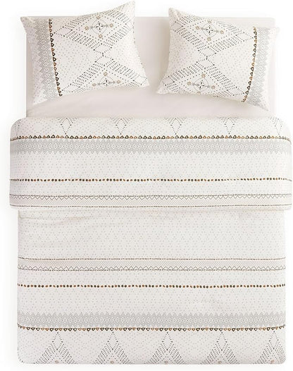 Wake In Cloud - Boho Comforter Set, Farmhouse Bohemian Western Aztec Neutral Aesthetic, Soft Lightweight Bedding, 3 Pieces, Beige, Queen Size